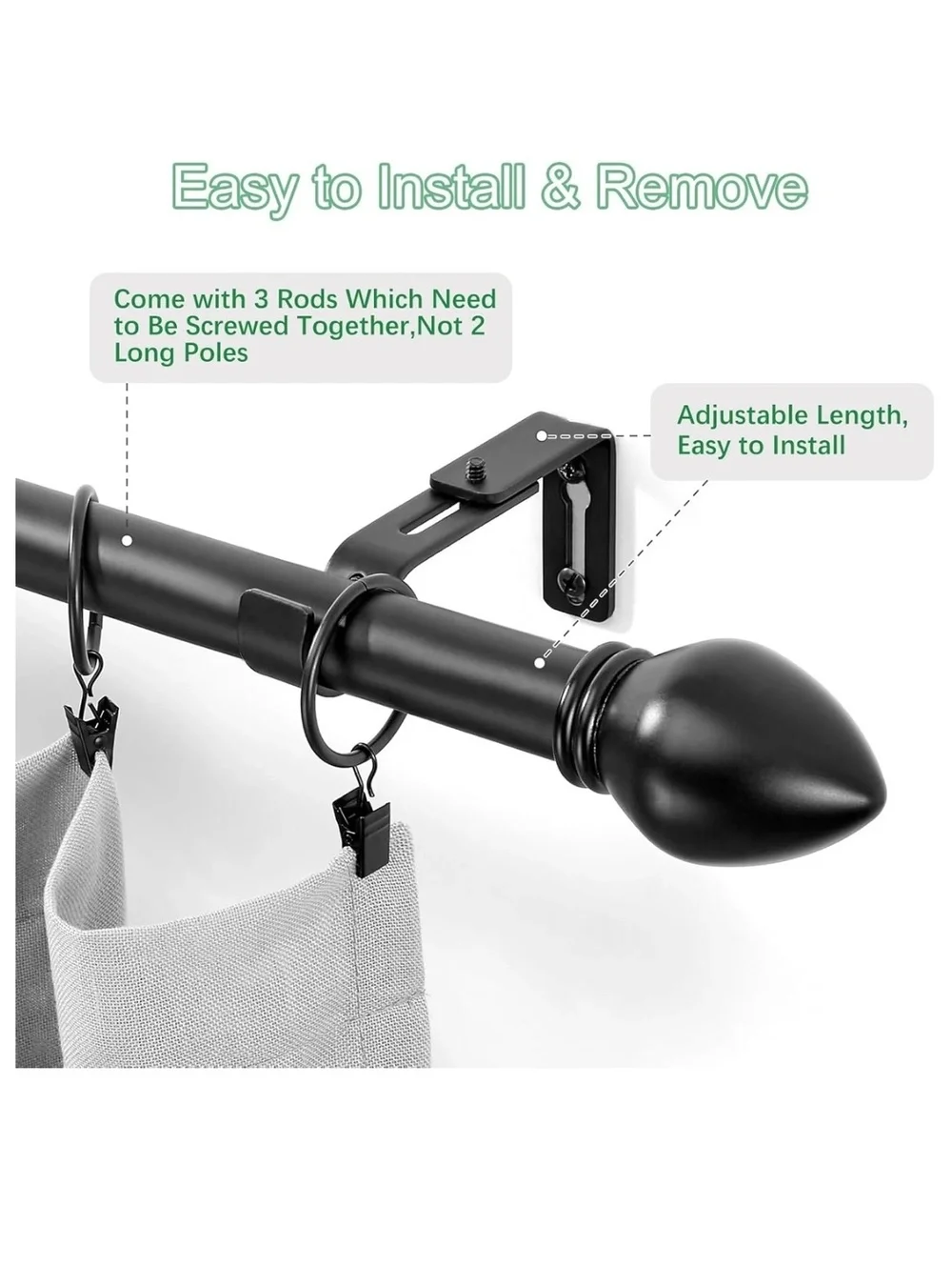 Adjustable Black Curtain Rod Set with Decorative Finials and Mounting Brackets